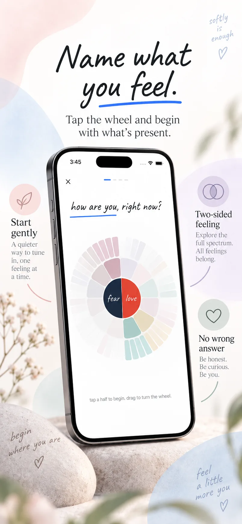 Name what you feel. Tap the wheel and begin with what is present.